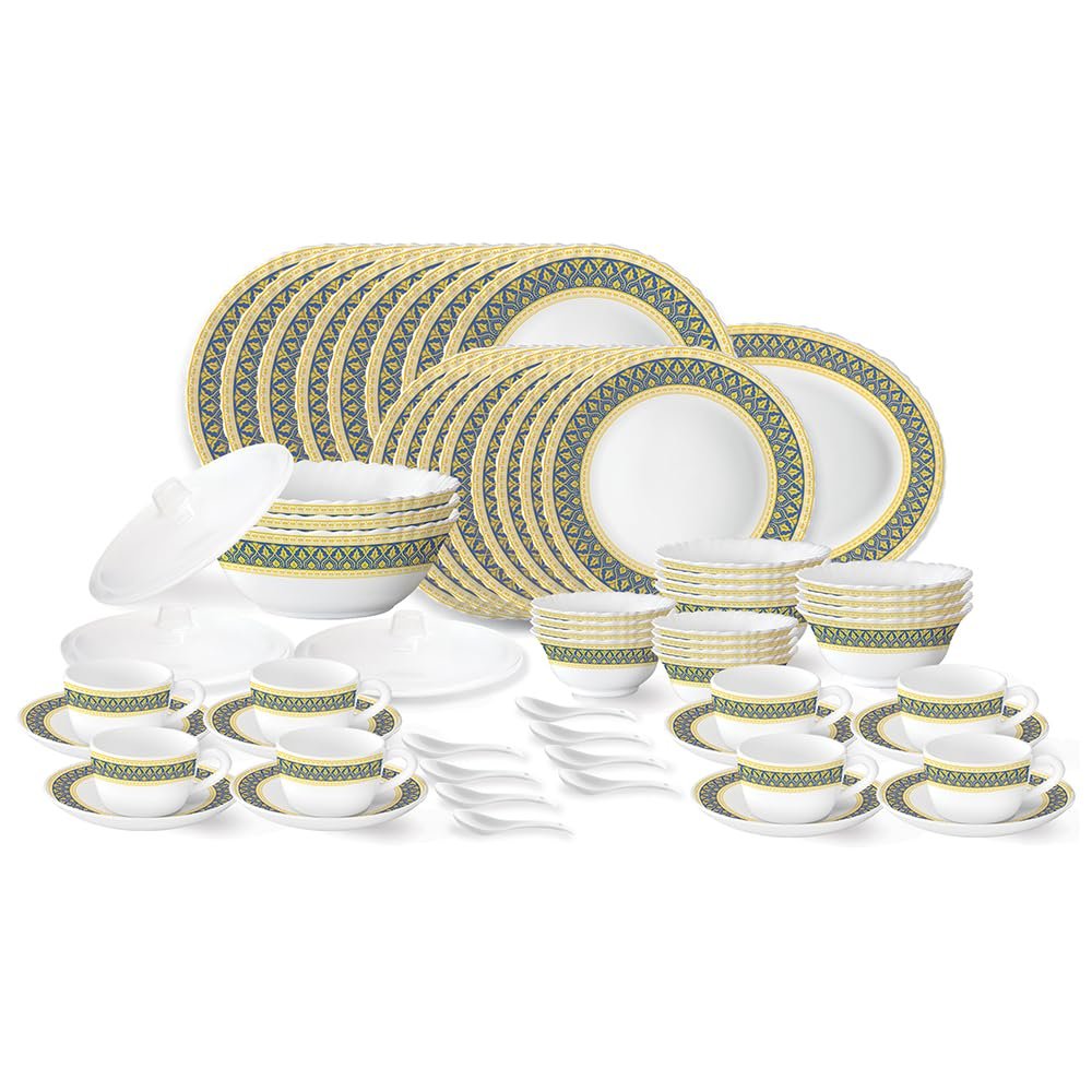 Larah by Borosil Regal Fluted Series Opalware Dinner Set | 63 Pieces for Family of 8 | Microwave & Dishwasher Safe | Bone-Ash Free | Crockery Set for Dining & Gifting | Plates & Bowls | Wh