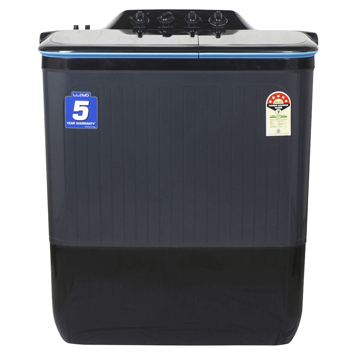 Lloyd 7.5 kg 5 Star Semi Automatic Top Load Washing Machine | Double layered strong Lids |1300 RPM | Soak Function | 3 Wash Programs | Magic Filter (GLWMS75CBGEL, Black and Grey)