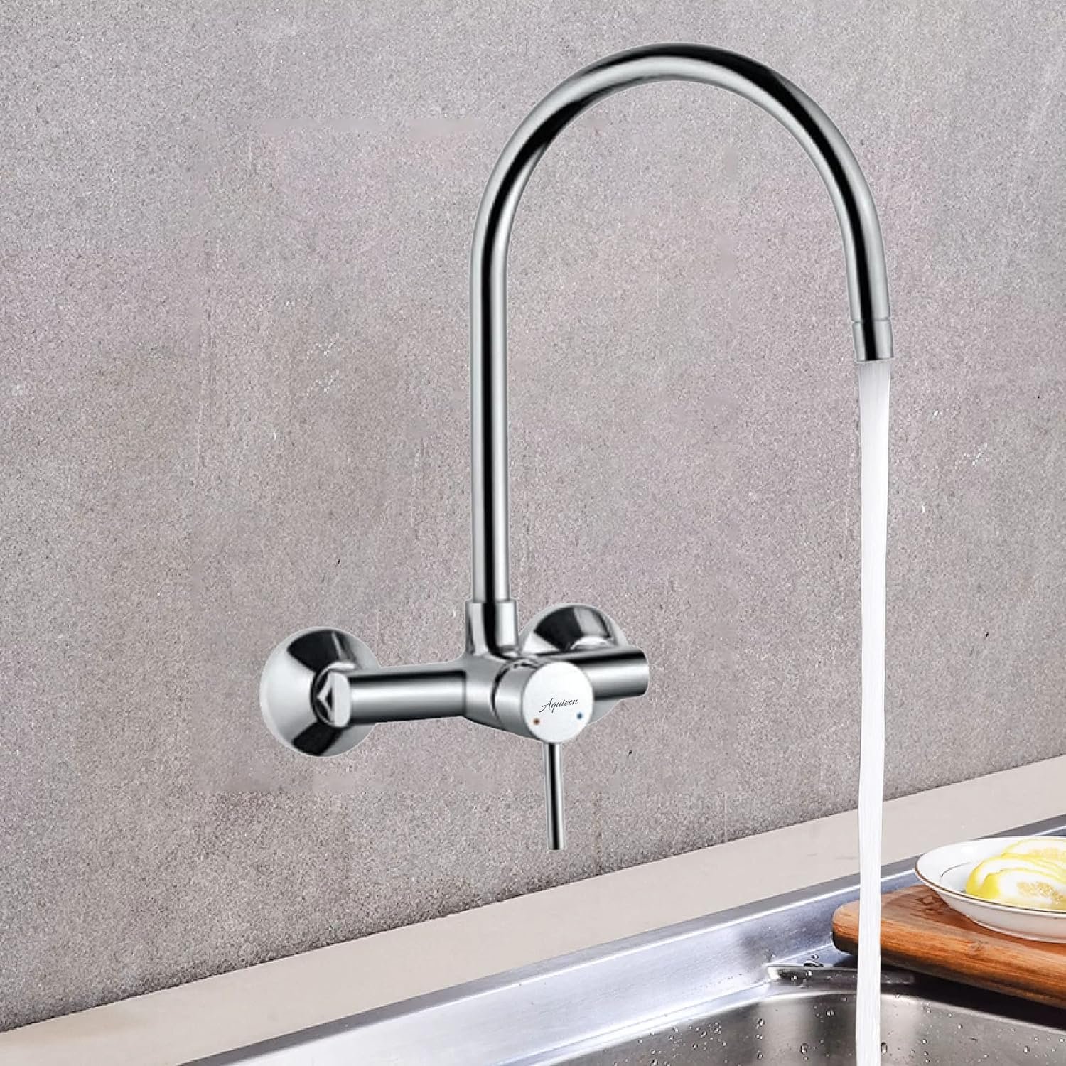Aquieen Wall Mounted Single Lever Sink Mixer with provision for hot & cold water with 360 degree hi-neck spout, connecting legs & wall flanges (Flora - Chrome)