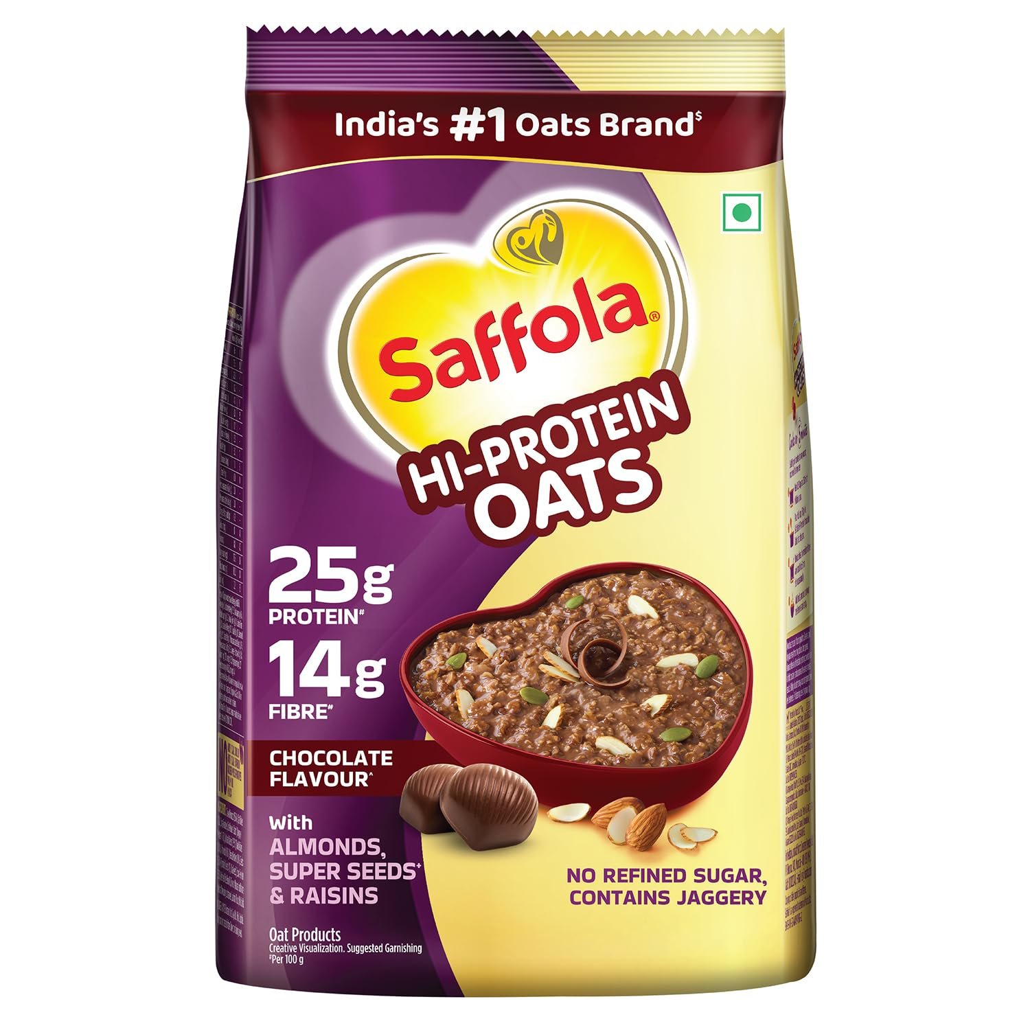 Saffola 25g High Protein Oats | 14g High Fibre | 400g | Chocolate flavour | No Refined Sugar | With Almonds, Raisin, Pumpkin and Chia Seeds | Rolled Oats for Weight management & Muscle gain