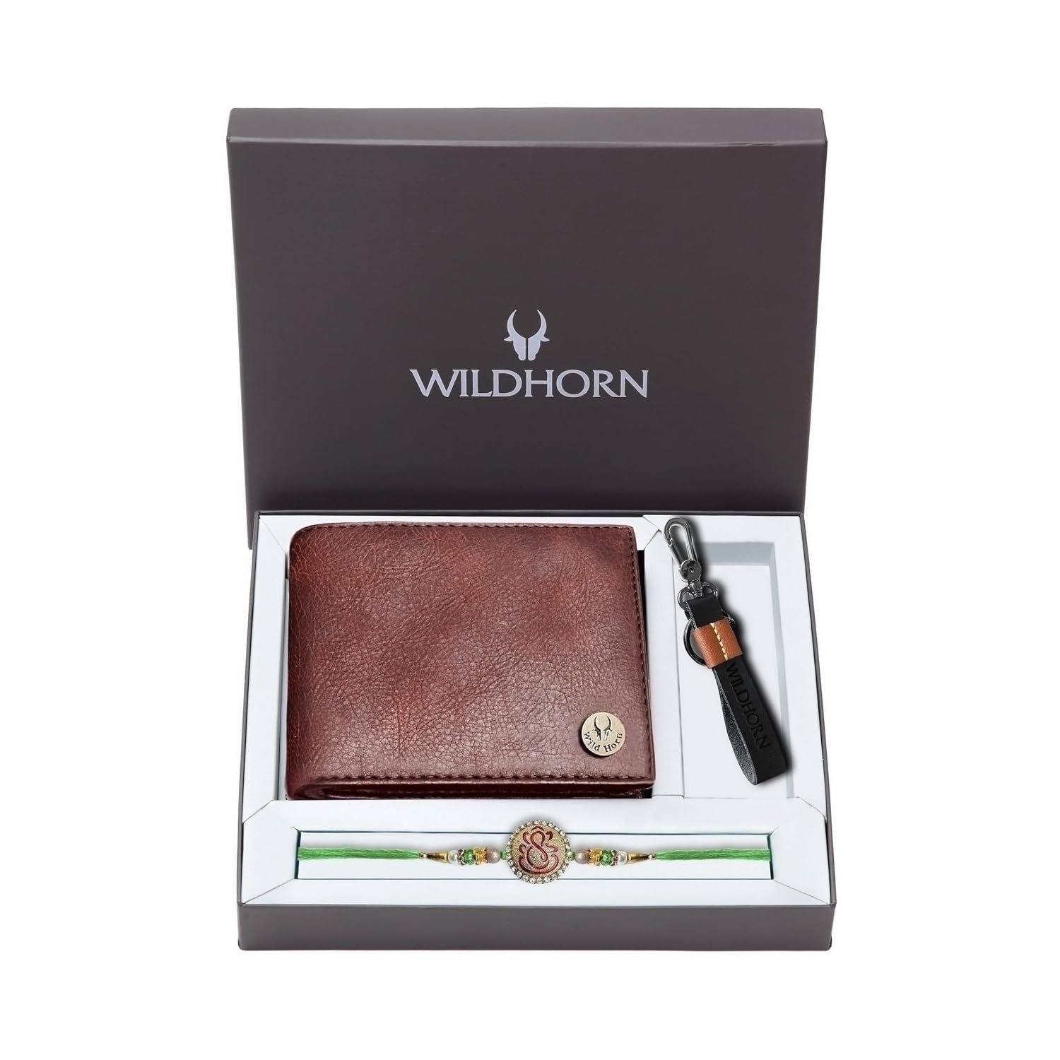 WildHorn Rakhi Gift Hamper For Brother - Classic Men's Combo/Gift Set Of Leather Wallet, Keyring & Rakhi For Brother/Bhaiya (Brown)