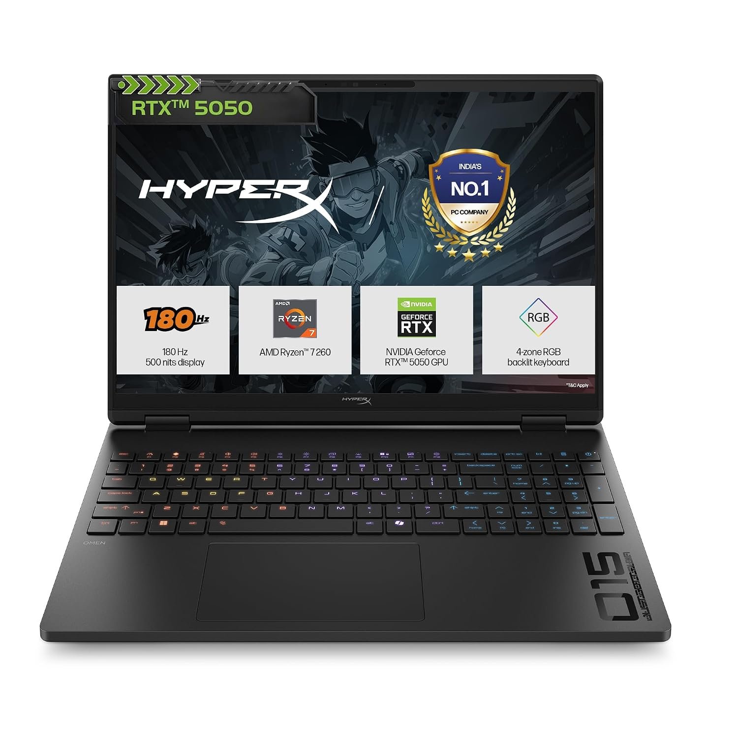 HP Smartchoice HyperX OMEN 15, AMD Ryzen 7 260, 8GB-RTX 5050, 24GB DDR5 (Upgradeable), 1TB SSD, 180Hz, 2.5K, 500 nits, 3ms RT, 15.3''/38.9cm, Win11, Office24, Black, 2.42kg, gb0038AX, AI Gamin