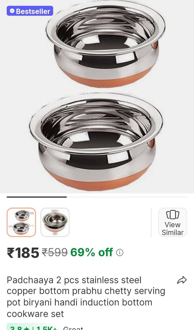 Padchaaya 2 pcs Stainless Steel Copper Bottom Prabhu Chetty Serving Pot Biryani Handi Induction Bottom Cookware Set Price in India - Buy Padchaaya 2 pcs Stainless Steel Copper Bottom Prabhu Chetty Ser