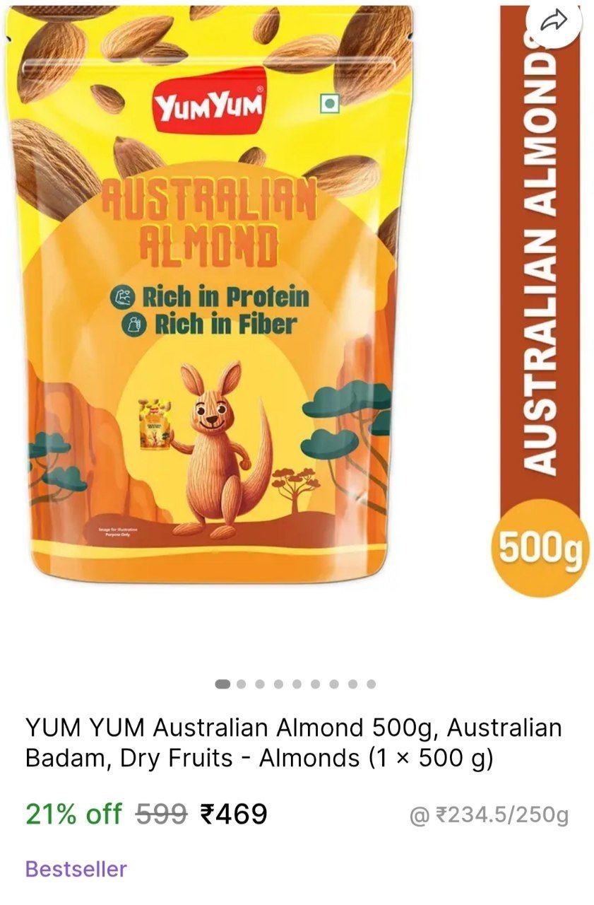 YUM YUM Australian Almond 500g, Australian Badam, Dry Fruits - Almonds Price in India - Buy YUM YUM Australian Almond 500g, Australian Badam, Dry Fruits - Almonds online at Shopsy.in