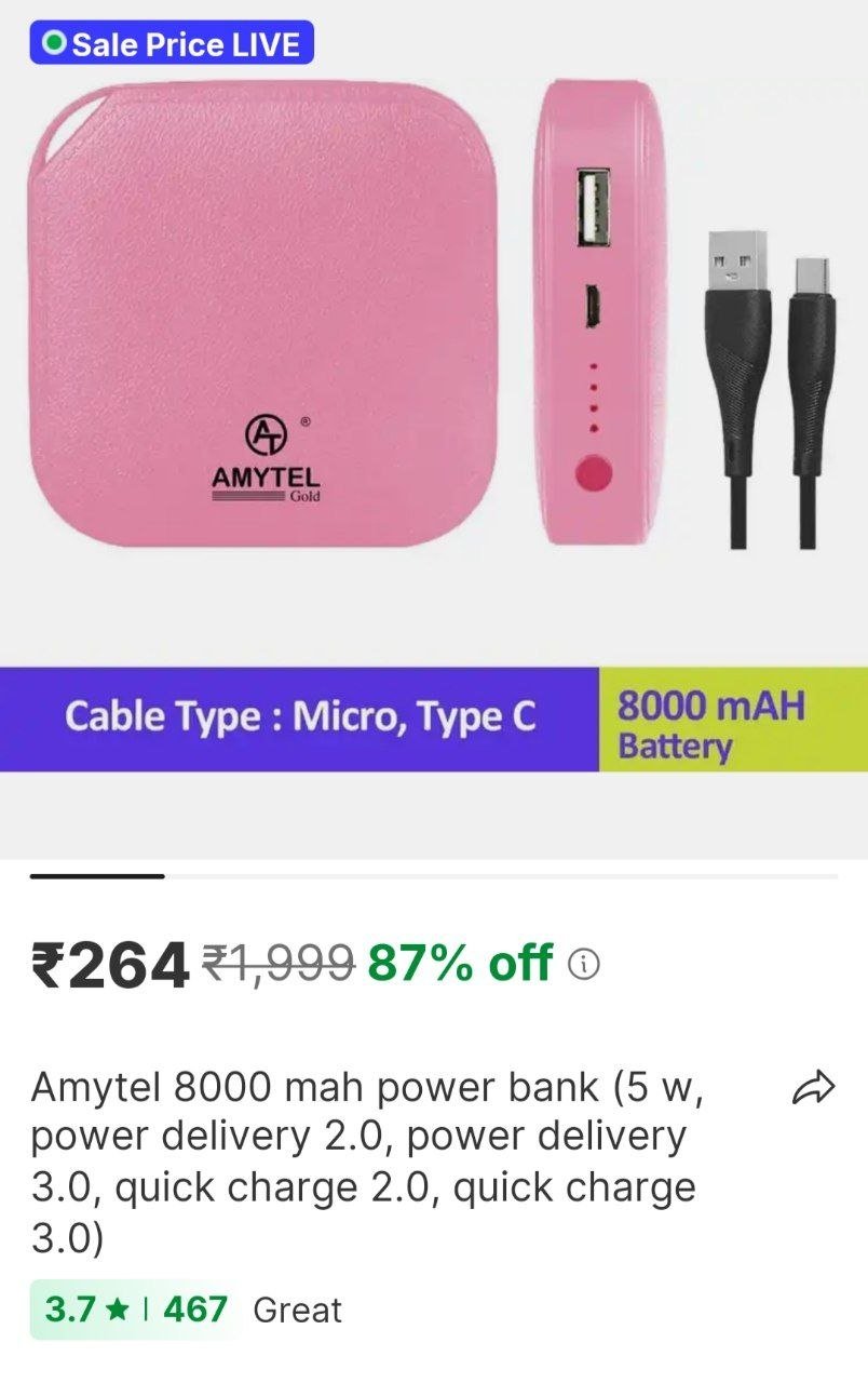 AMYTEL 8000 mAh Power Bank (5 W, Power Delivery 2.0, Power Delivery 3.0, Quick Charge 2.0, Quick Charge 3.0) Price in India - Buy AMYTEL 8000 mAh Power Bank (5 W, Power Delivery 2.0, Power Delivery 3.