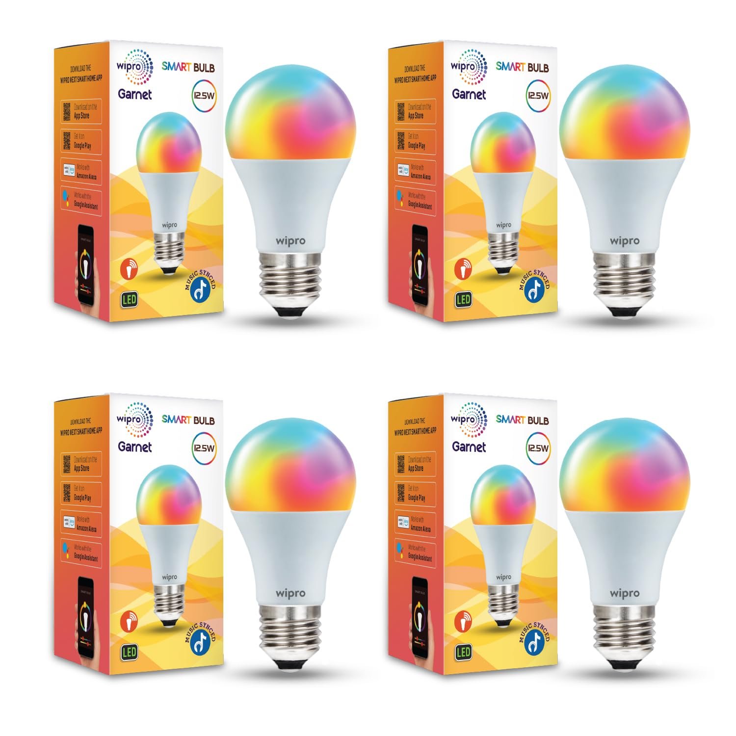 wipro 12.5W E27 Wi-Fi Smart LED Bulb with Music Sync | Voice Control with Alexa, Google Asst | App Control |16 M Colours, White Tunable - Warm, Neutral & Cool White +Dimmable | Scenes | Pack of 4