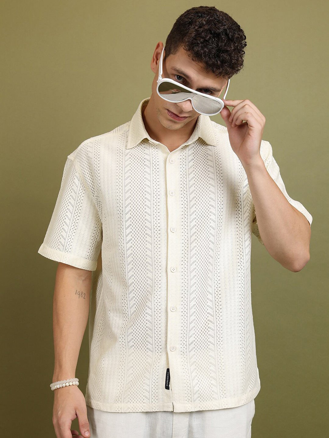 Buy HIGHLANDER Oversized Self Design Casual Crochet Shirt -  - Apparel for Men