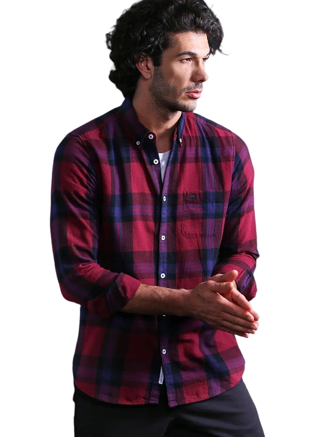 THE BEAR HOUSE Men's Cotton Slim Flannel Button-Down Casual Shirt |Maroon |L |TBH-UBER-MR-L |
