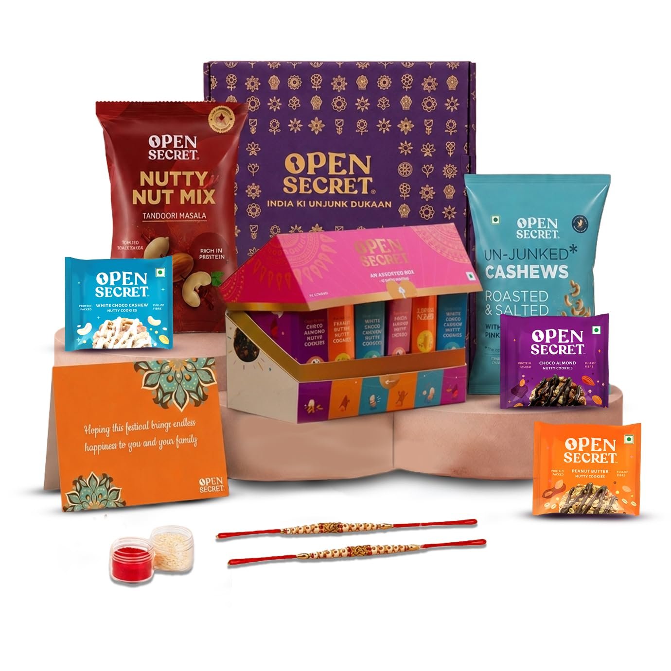 Open Secret Rakhi Set for Brother | Combo of 18 | Rakhi Gift for Brother & Bhabhi, Gift Hamper, Rakshabandhan Gifts for Sister, Dry Fruits, Assorted Chocolate Cookies with Rakhis, Card & Roli 