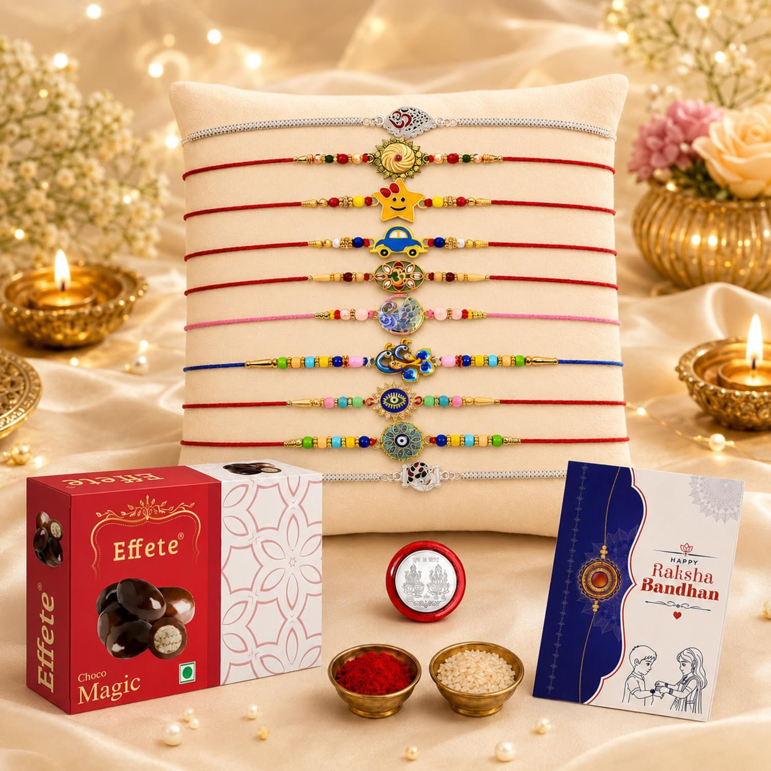 DeoDap Rakhi for Brother & Bhai – Designer Rakhi Set of 10 with Choco Magic Chocolate 32gm, Pooja Coin, Roli Chawal & Card | Raksha Bandhan Combo