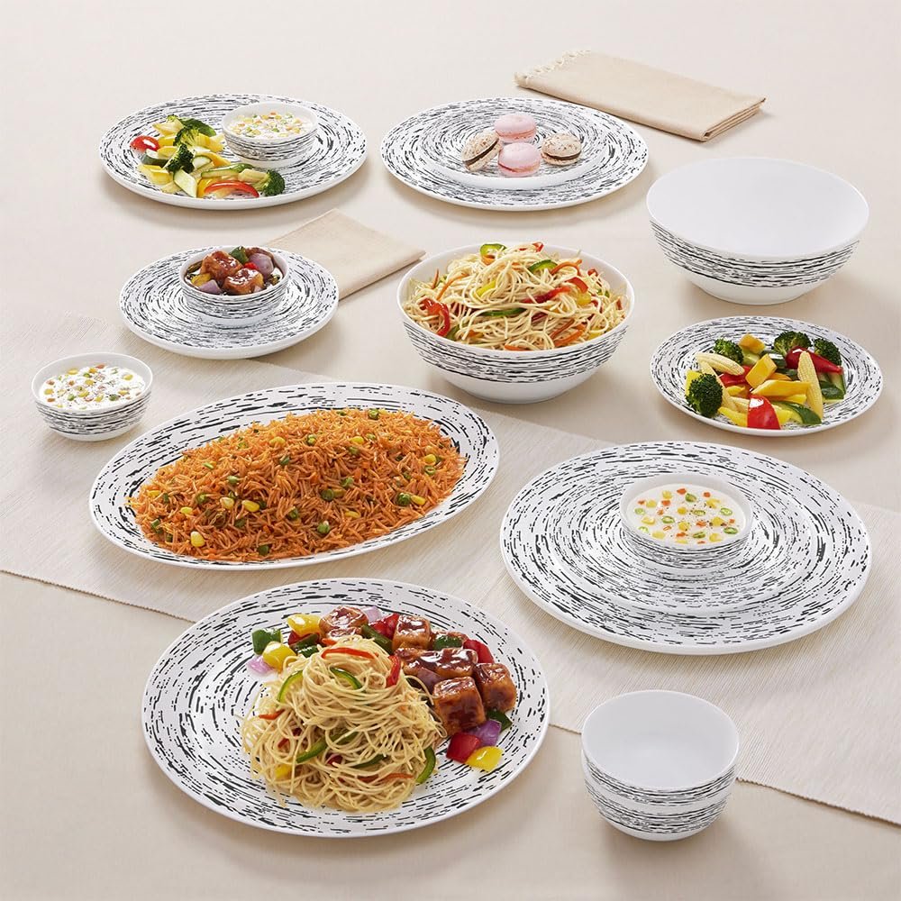 Larah By Borosil Moon Milky Way Dinner Set - 21 Pcs, Opal Glass Dinner Plates & Bowls Crockery Set for Dinning, White