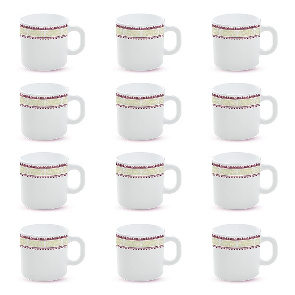 Larah by BOROSIL Elega Opalware Mug, Set of 12 Tea/Coffee Mugs, 180 ml Each, Microwave & Dishwasher Safe, Bone-Ash Free, Crockery Set Ideal for Daily Use & Gifting, White