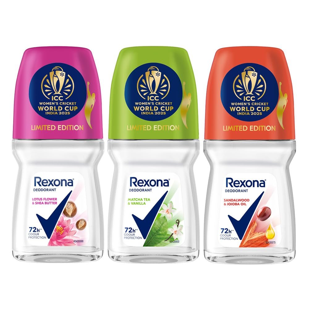 Rexona Lotus Flower & Shea Butter, Matcha Tea & Vanilla and Sandalwood & Jojoba Oil Roll-On| for Women | Limited Edition Pack - ICC Women’s Cricket World Cup India 2025 |50 ML (Pack of 3)