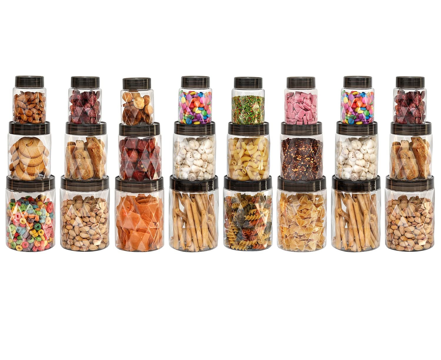 CELLO Diamond Pet Storage Container for Kitchen Set of 24 Pcs Black | 8x300ml, 8x650ml, 8x1200ml Freezer & Fridge Safe Stackable Airtight Kitchen Storage Container Jar Set for Candy Beans Flour Pa