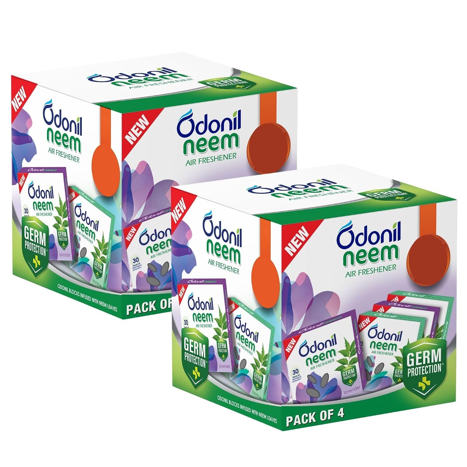 Odonil Bathroom & Toilet Air Freshener, Neem Mixed Fragrance Blocks - Jasmine, Lavender, Orchid, Rose, Long Lasting Fragrance, Lasts upto 30 days, Germ Protection, 384g (48g x Pack of 8)