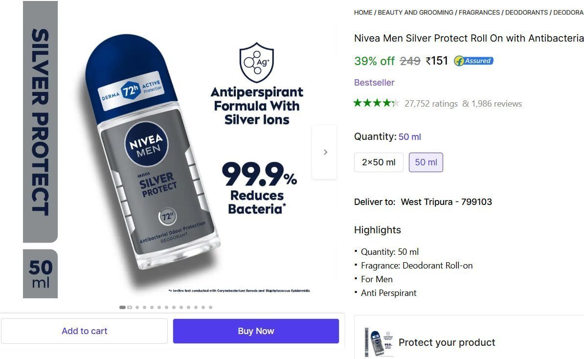 Nivea Men Silver Protect Roll On with Antibacterial 72h Protection, Reduces 99.9% Bacteria Deodorant Roll-on  -  For Men - Price in India, Buy Nivea Men Silver Protect Roll On with Antibacterial 72h P