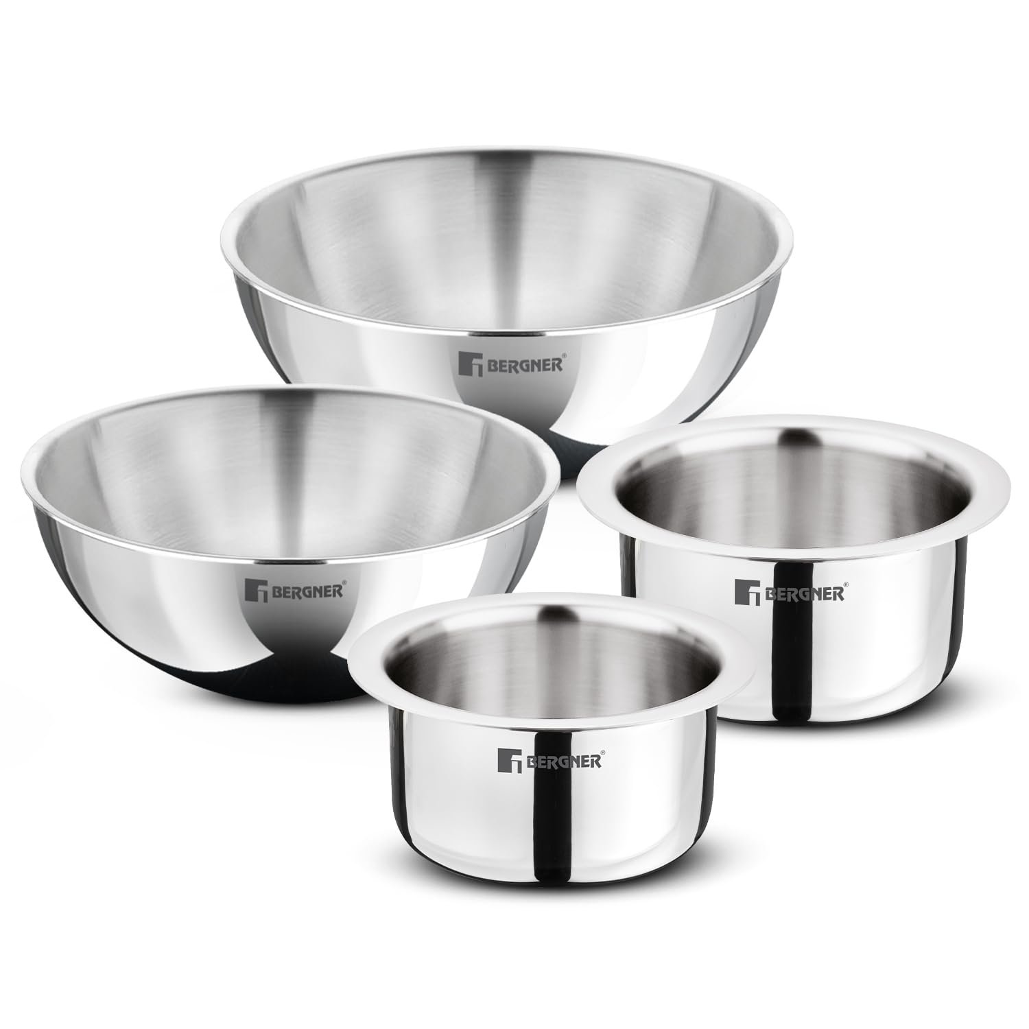 Bergner TriPro Tri-Ply Stainless Steel 4 Pcs Cookware Combo Set of 14cm (1.3L) 16cm (1.9L) Topes and 20cm (2L) 22cm (2.5L) Tasras Less Oil Use Healthy Cooking - Induction and Gas Stove Ready