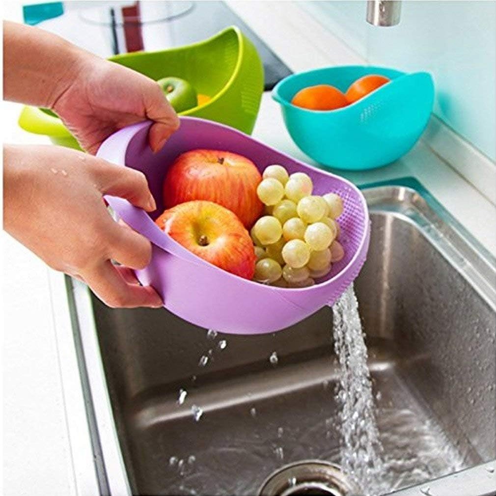 Black Olive Rice Bowl Strainer With Drain Holes - Plastic Strain Bowl For Kitchen Useful - Vegetable & Fruit Washer & Rice Strainer Basket For Kitchen Sink - Strainer & Drain Bowl Pack of 