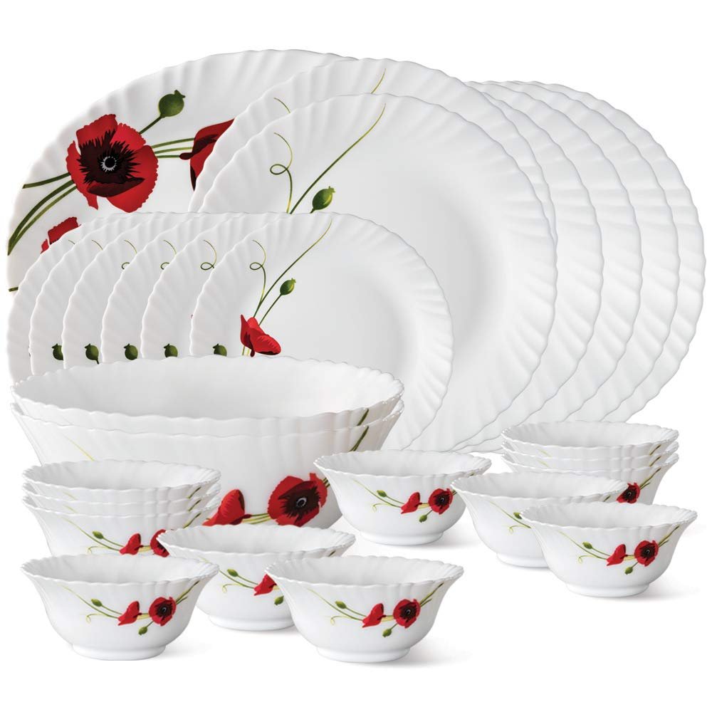 Larah by BOROSIL Fluted Series Red Carnation Opalware Dinner Set | 27 Piece for Family of 6 | Microwave & Dishwasher Safe | Bone-Ash Free | Crockery Set for Dining & Gifting | Plates & Bow