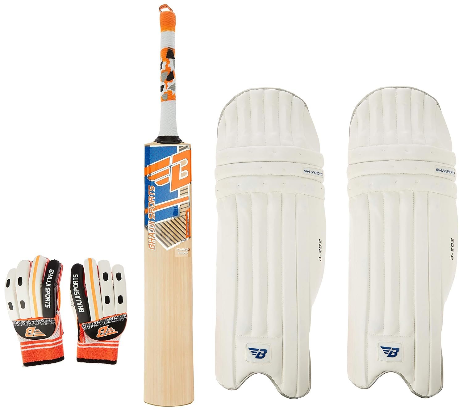 BHAJJI Kashmiri Willow Cricket BAT T20 5.0 with BHAJJI Batting Gloves 202 Mens and Batting PAD 202