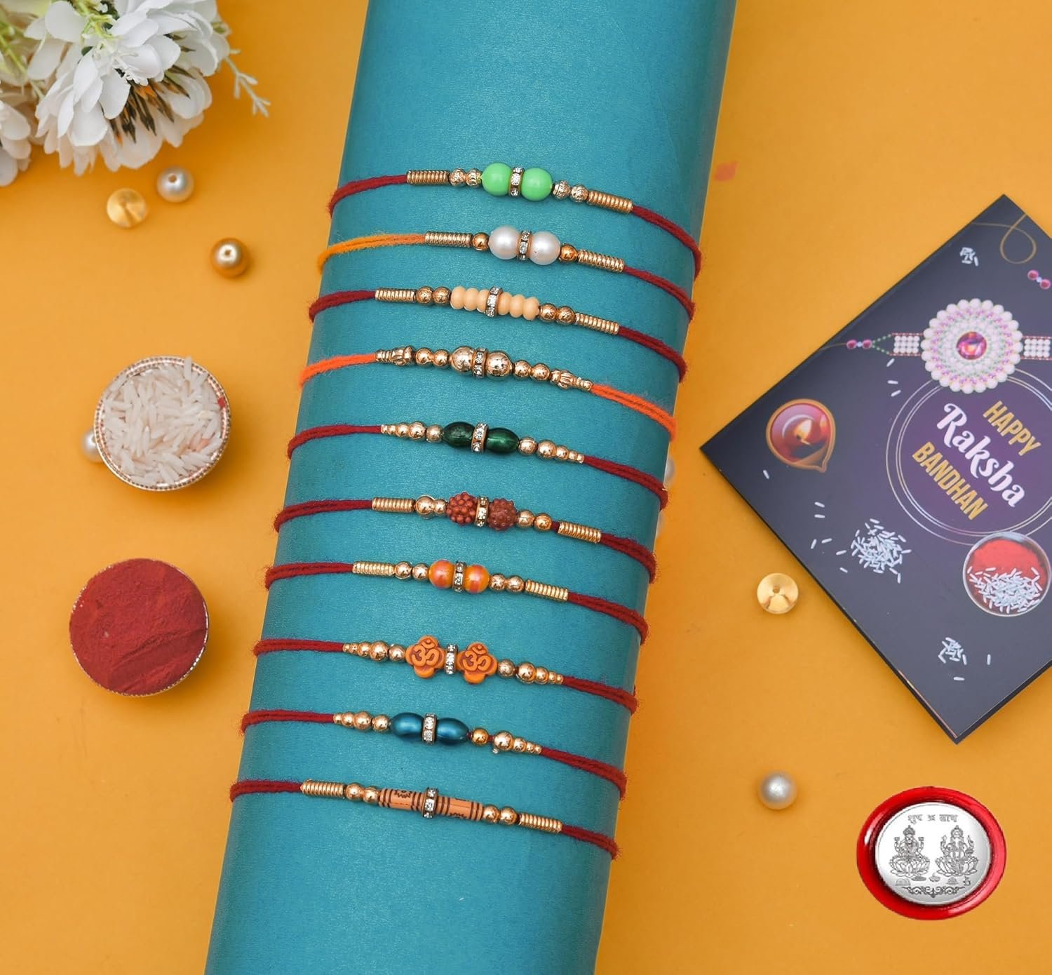 Combo of 10 Dora Rakhi Set for Brother, Bhaiya, Bhabhi for Rakhi/Rakshabandhan with Roli Chawal & Greeting Card | Premium Rakhi Hamper RKHMPR52