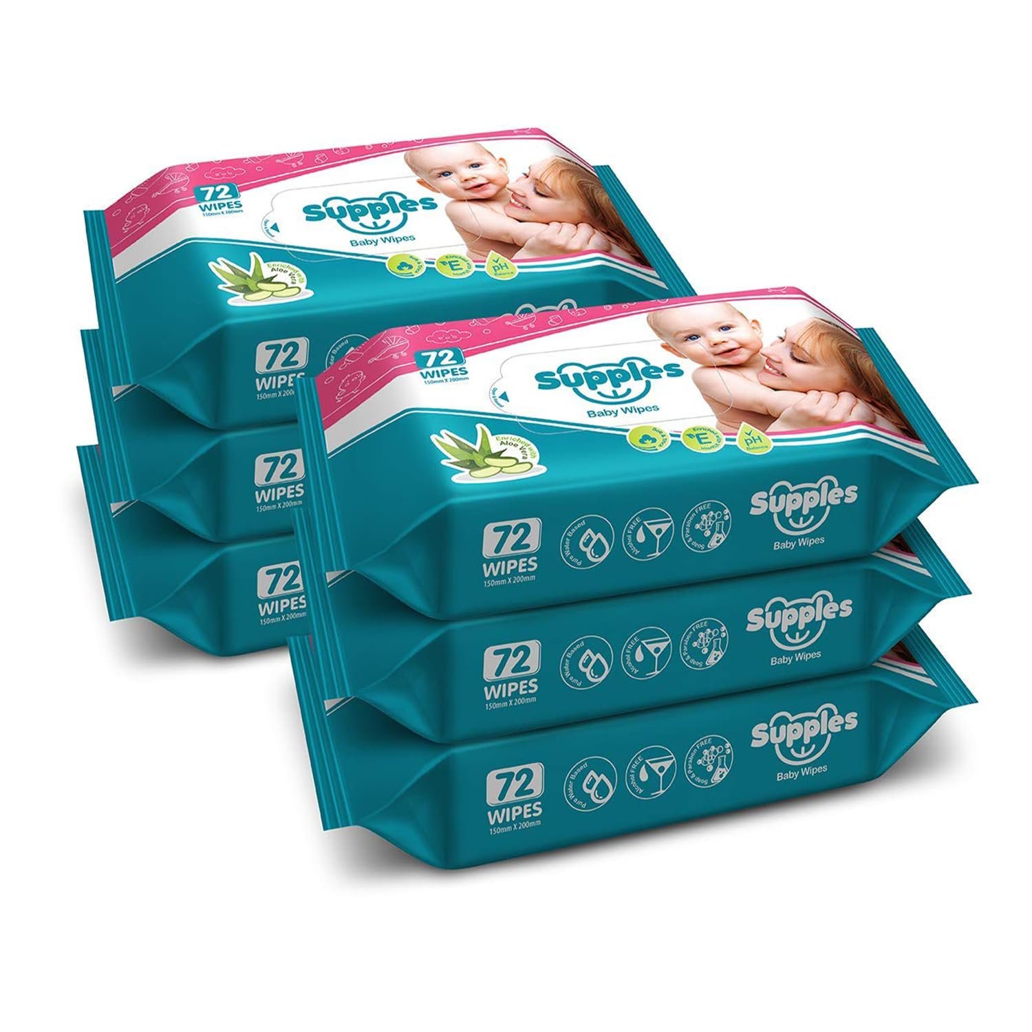 Amazon Brand - Supples Baby Wet Wipes | 432 Wipes | 72 Wipes x 6 Packs | Enriched With Aloe Vera and Vitamin E | Alcohol-Free and Paraben-Free | Pure Water-Based formulation
