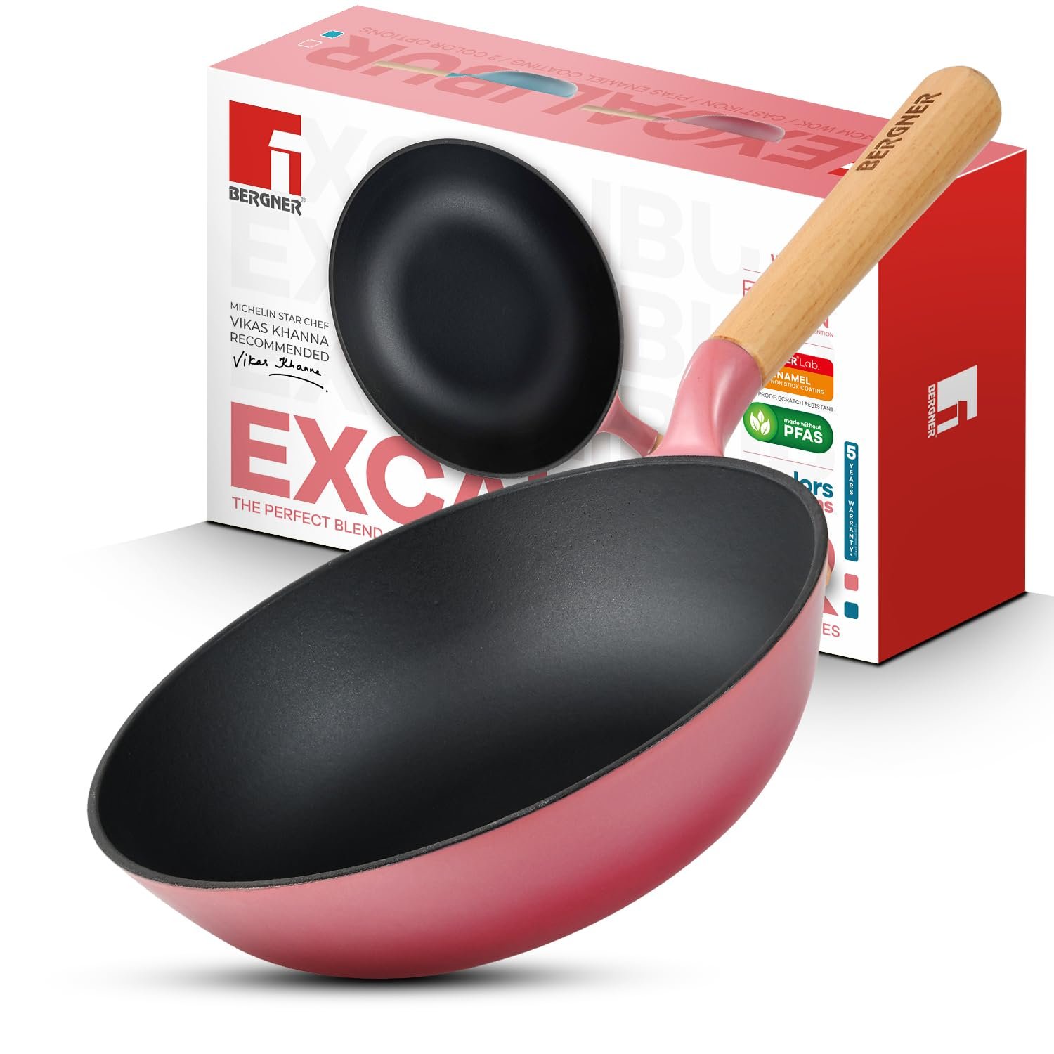 BERGNER Excalibur Lightweight Cast Iron Wok 24cm (2L), Sturdy Wooden Handle, Non-Stick Coating, PFAS Free, Perfect Heat Distribution, Elegant Design - Induction and Gas Stove Ready (Pink)