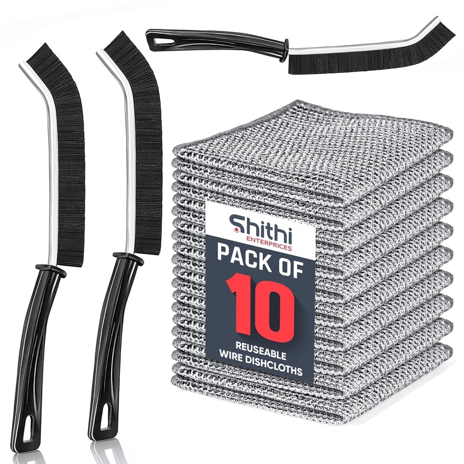 SHITHI 13-Piece Cleaning Combo – 10 Reusable Stainless Steel Wire Dishcloths + 3 Tile & Gap Cleaning Brushes | Multipurpose Scrubber Set for Kitchen, Bathroom Corners Cleaning Brush