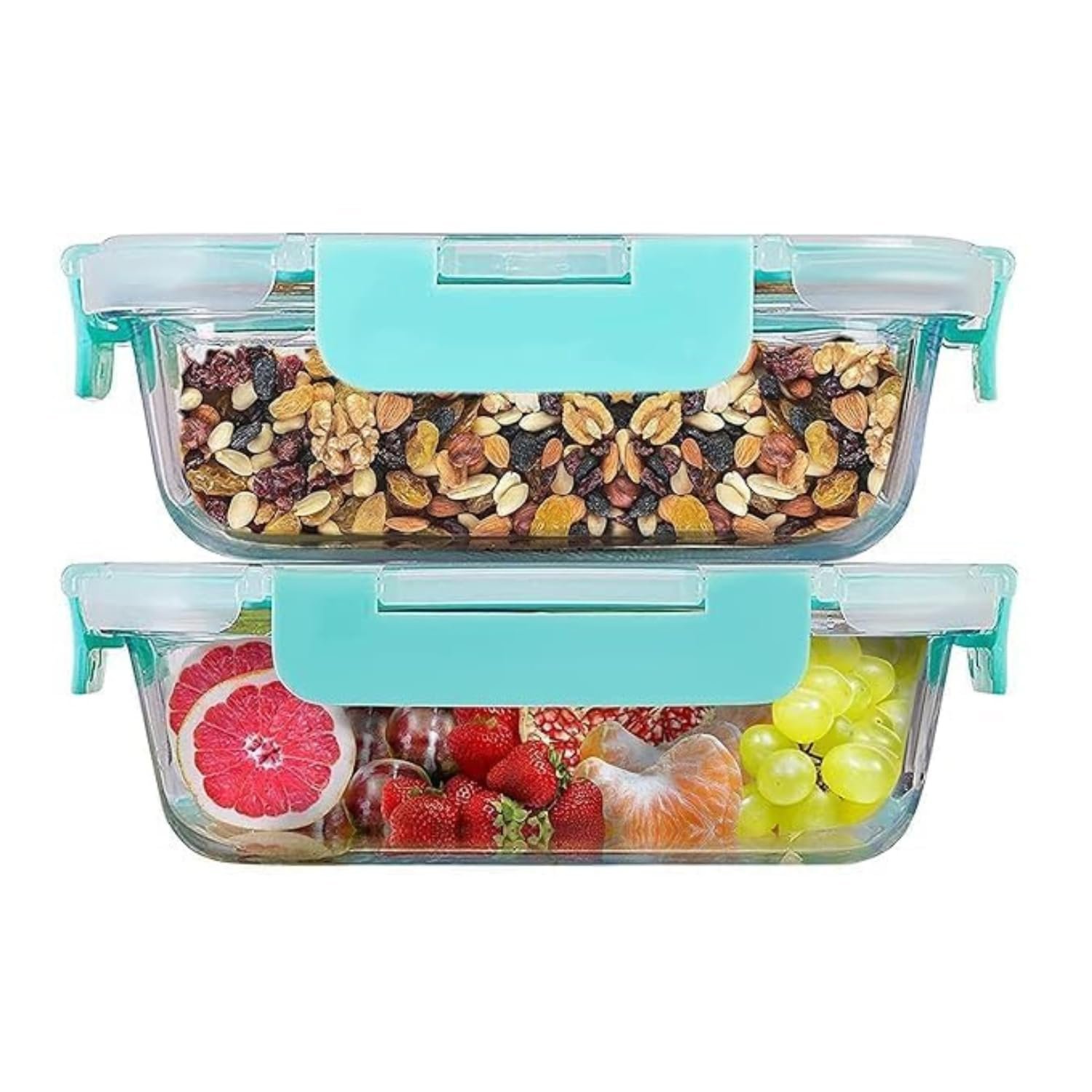 SIMPARTE 370ml Rectangular Borosilicate Glass Food Storage Containers with Detachable Airtight Leak-Proof Blue Lids – Set of 2 | Microwave, Freezer & Dishwasher Safe | Transparent Lunch Boxes