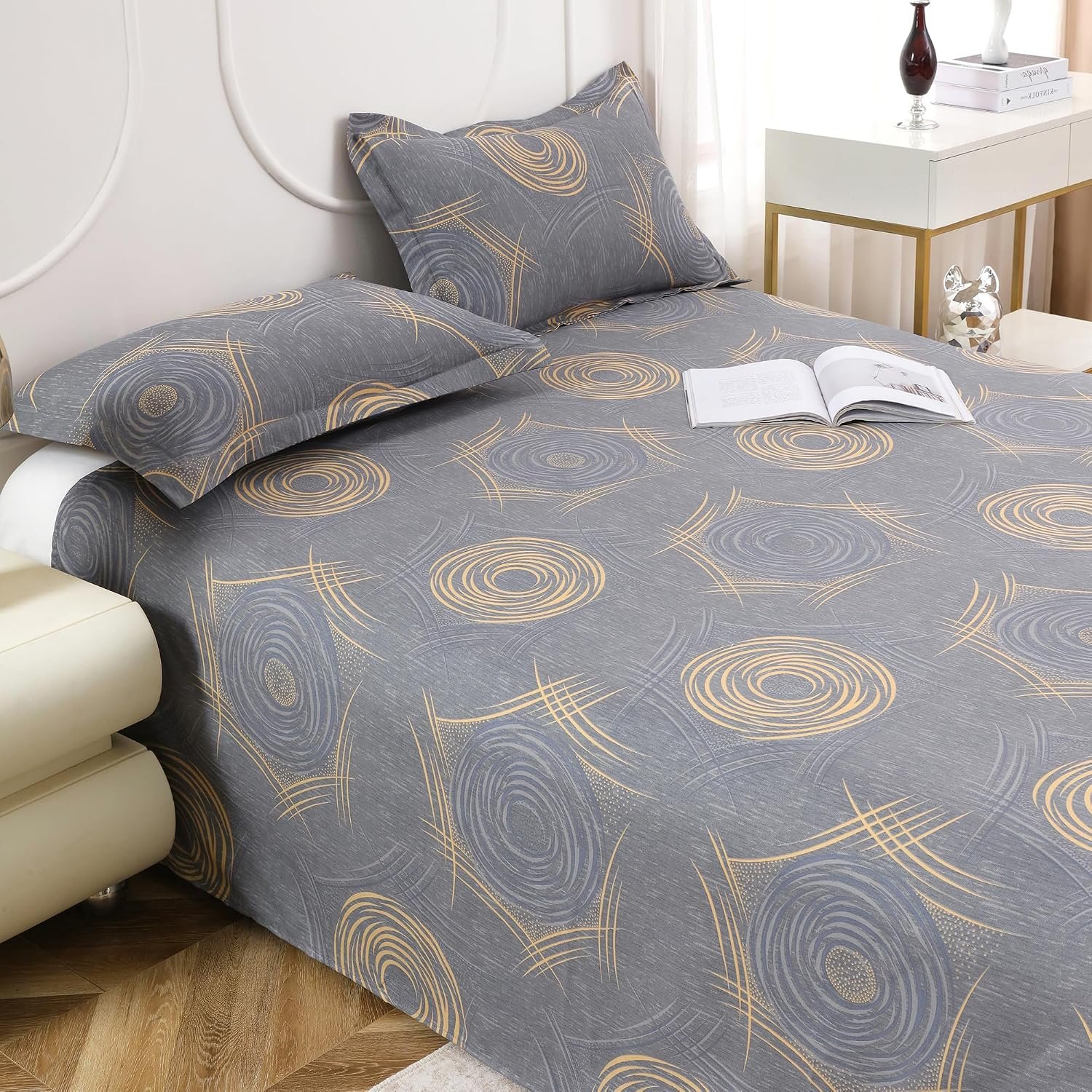 Dew Cotton Bedsheet for Double Bed 160 TC 250 x 225 CM, Grey | Soft Lightweight Microfiber Bedsheet with 2 Pillow Covers, King Size 250 x 225 cm, Wrinkle Resistant & Easy Care Bedding