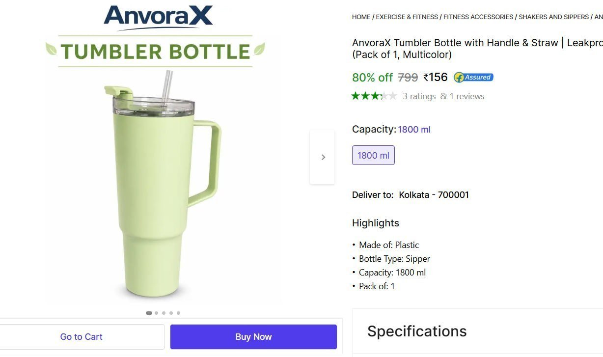 AnvoraX Tumbler Bottle with Handle & Straw | Leakproof | Large Capacity 1800 ml Plastic Sipper - Buy AnvoraX Tumbler Bottle with Handle & Straw | Leakproof | Large Capacity 1800 ml Plastic Sip