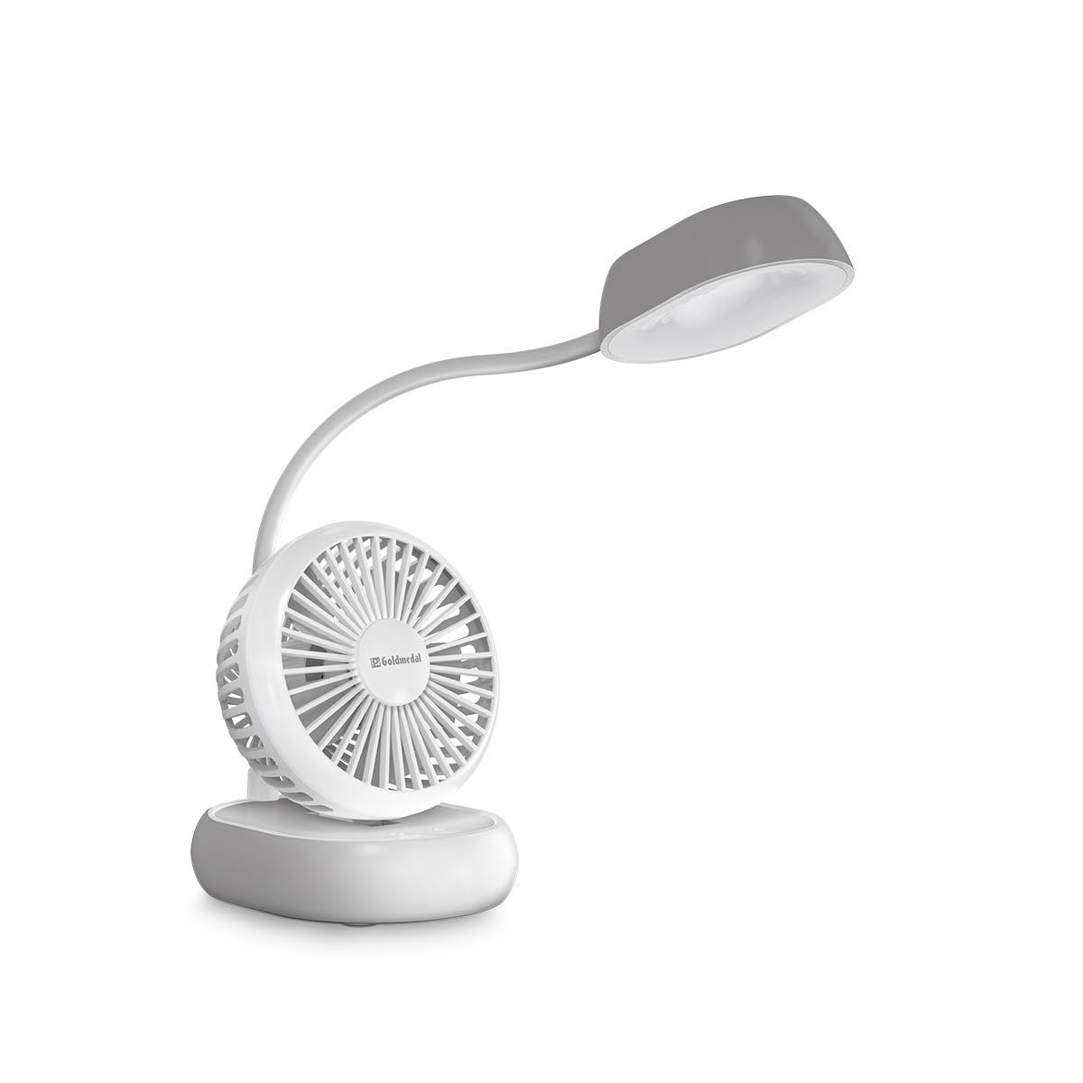 Goldmedal Twiz 100 mm Mini Portable Fan| Desk Mounted| USB Type-C | Rechargeable |8–9 Hours Battery Backup| 3-Light Setting| Personal Fan for Home & Travel| (White)