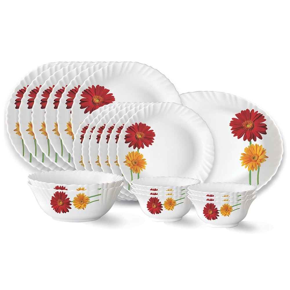 Larah by Borosil Zinnia Fluted Series Opalware Dinner Set | 21 Pieces for Family of 6 | Microwave & Dishwasher Safe | Bone-Ash Free | Crockery Set for Dining & Gifting | Plates & Bowls | W