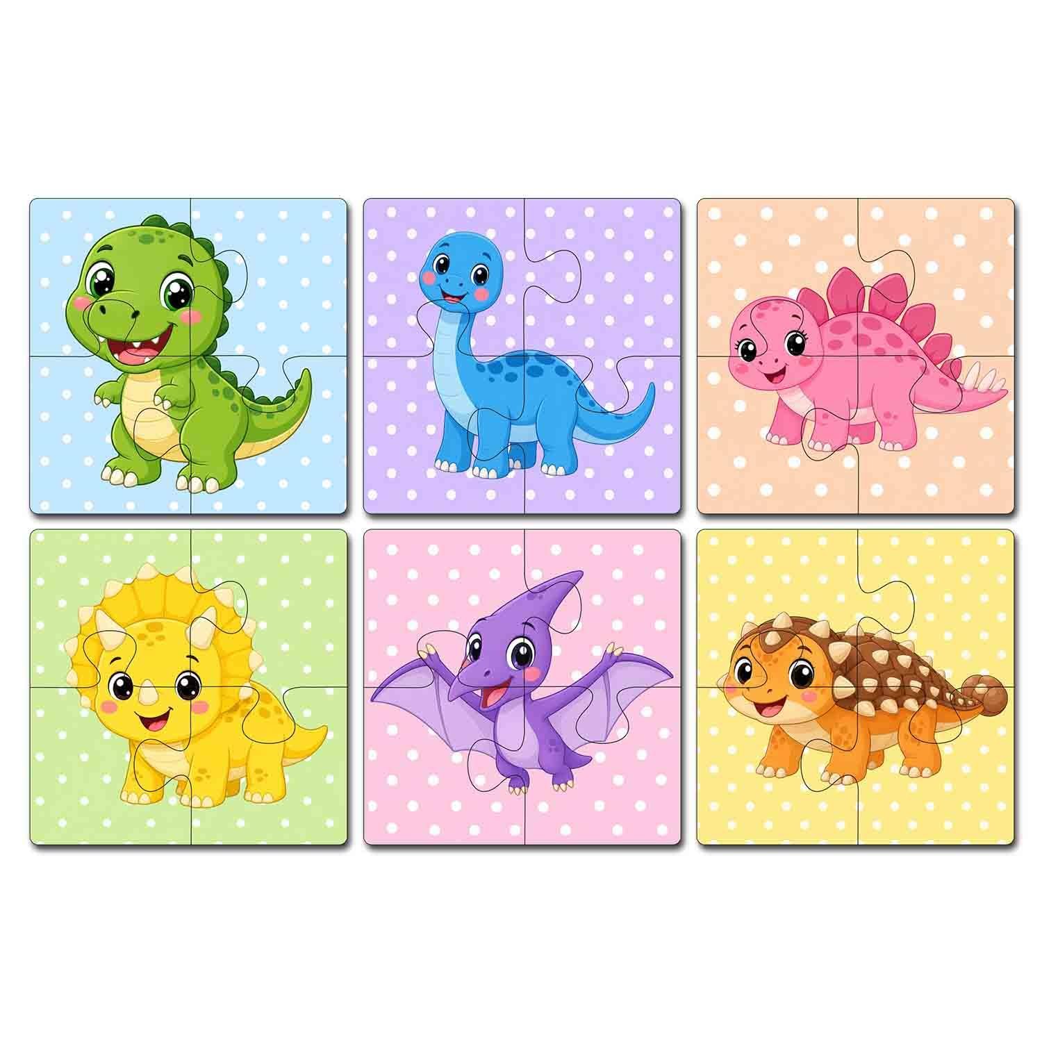 Wooden Jigsaw Puzzle Set of 6 for Kids Age 2-6 Years | Pack of 6 Puzzles with 4 Pieces Each | Toddler Learning Educational Toy | Mixed Themes Puzzle for Boys & Girls (Dinosaur)