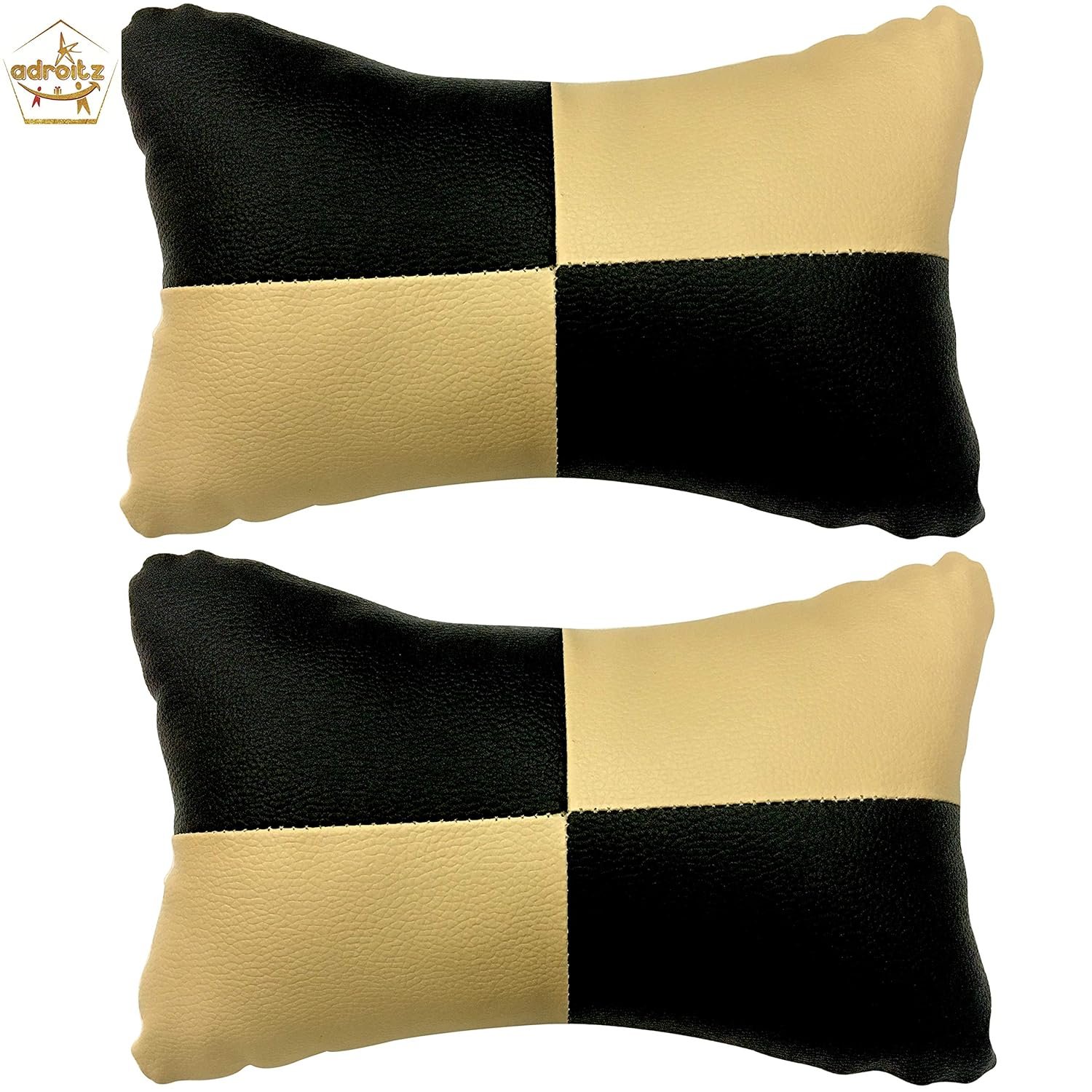 Adroitz Black Beige Check Car Pillow Cushion for Neck Comfort Compatible with All Cars, Faux Leather