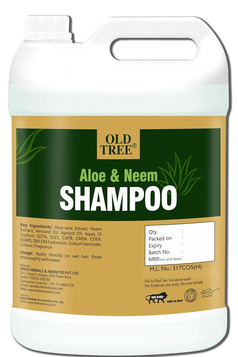 Old Tree Neem & Aloe Vera Hair Shampoo 5L for Hotel Rooms, Hospital, Guest House - Refill Shampoo Kit for Silky and Shiny Hair