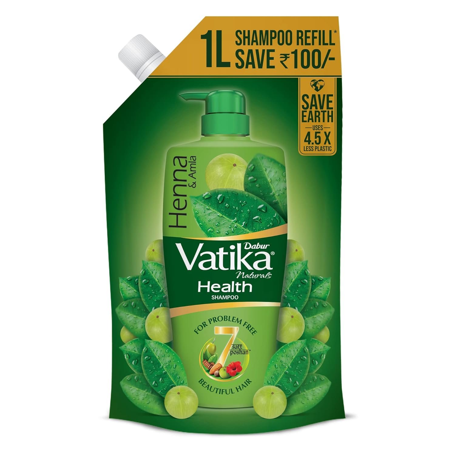 Dabur Vatika Health Shampoo - 1 L (Refill Pouch) | With 7 Natural Ingredients | For Smooth, Shiny & Nourished Hair | Repairs Hair Damage, Controls Frizz | For All Hair Types | Goodness of Henna &a