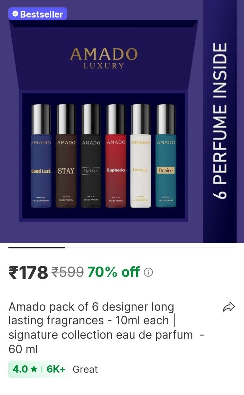 Amado Pack of 6 Designer Long Lasting Fragrances - 10ml Each | Signature Collection Eau de Parfum  -  60 ml Price in India - Buy Amado Pack of 6 Designer Long Lasting Fragrances - 10ml Each | Signatur