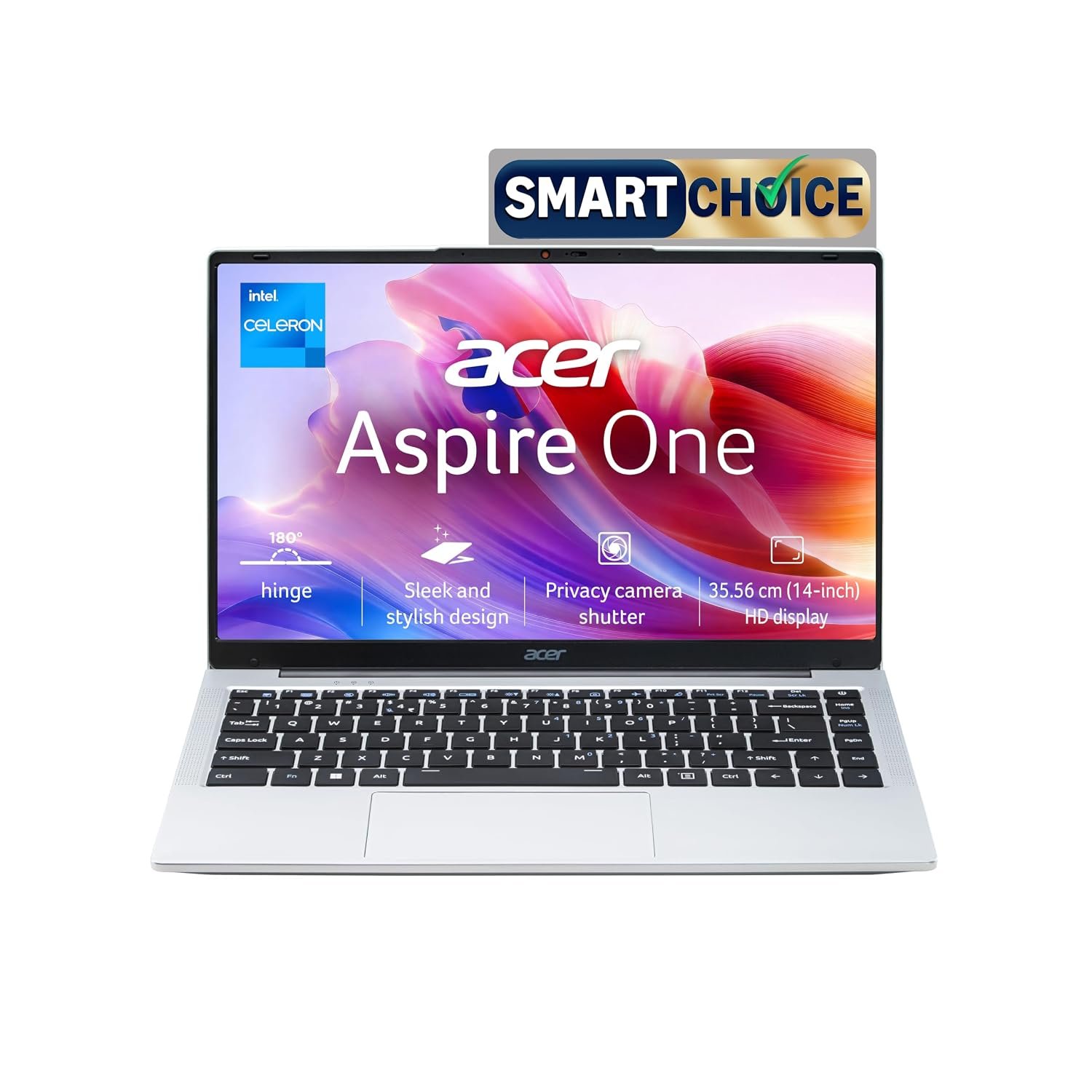 Acer Aspire One, Intel Core Celeron N4500, 8GB LPDDR4 RAM/ 512GB SSD, 14.0"/35.56cm WXGA Display, Intel UHD Graphics, Win 11 Home, Pure Silver, 1.3 Kg, A114-45, Thin and Light Laptop