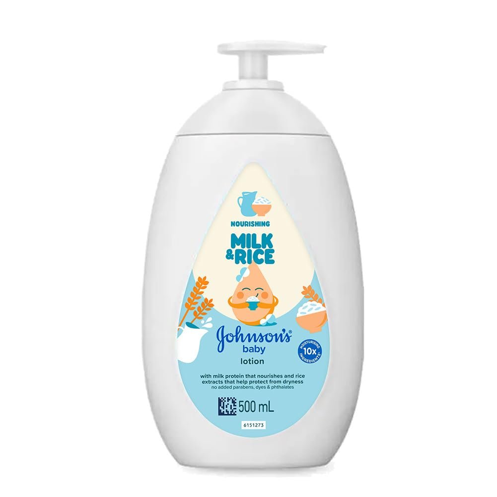 Johnson's Baby Milk and Rice Baby Lotion 500 ml| All Skin Types Including Sensitive Skin | With Milk Protein, Rice Extracts & Multivitamin Complex | Helps Nourish Baby's Skin for Natural S