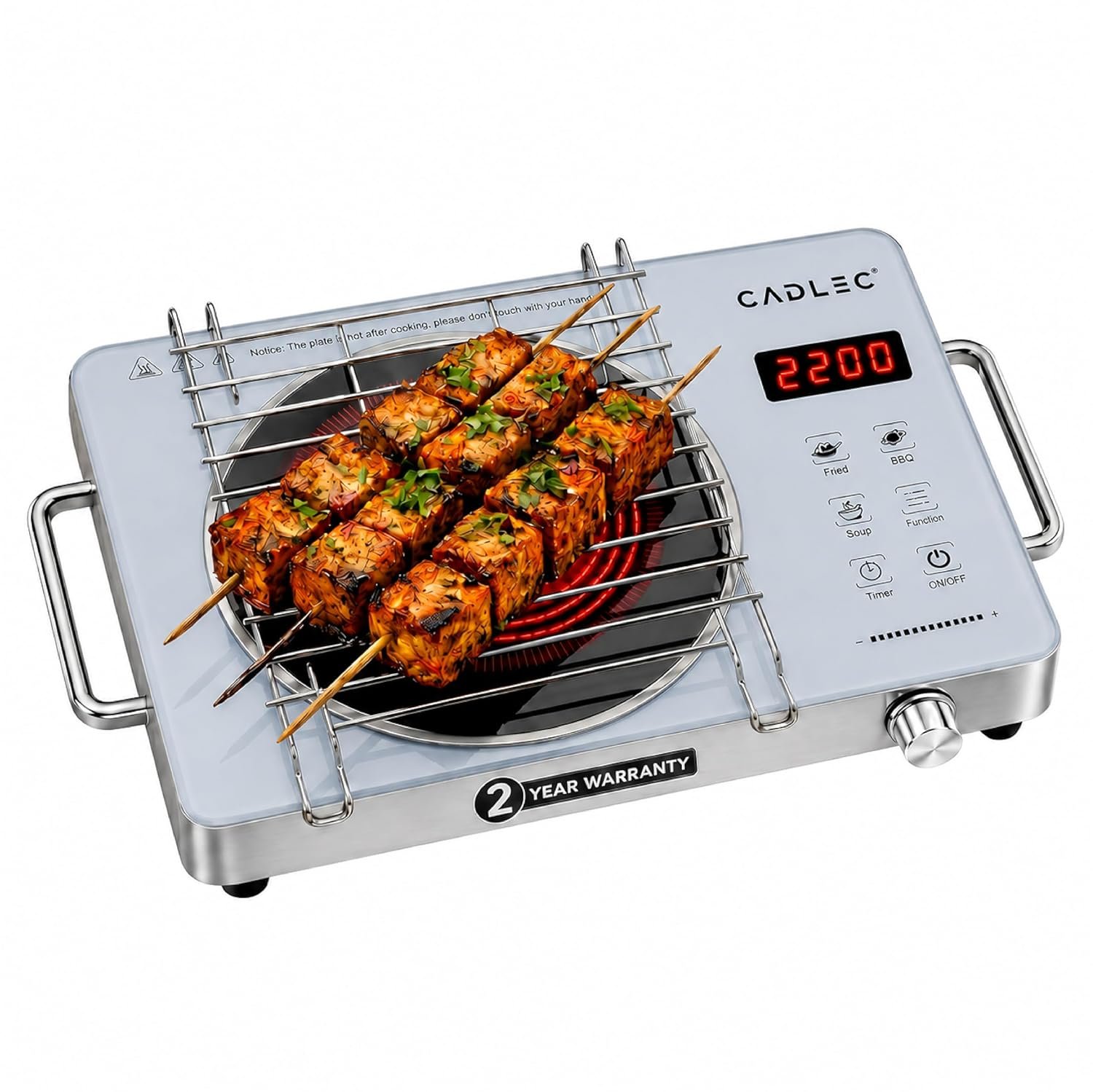 Cadlec HeatBlaze 2200W Infrared Cooktop Stove with Grill Rack for Barbecue, Crystal Glass Plate, Digital Display, Touch Control, Infrared Hot Plate (Silver)