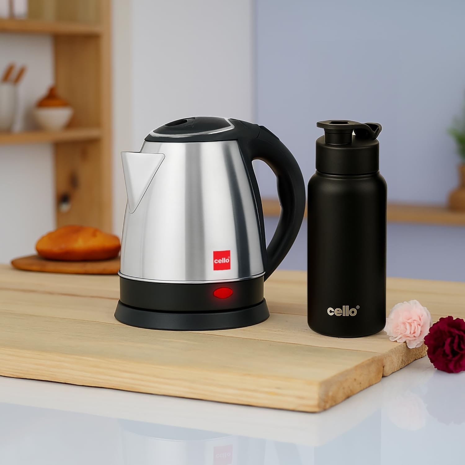 CELLO Lifestyle Stainless Steel Electric Kettle 1.5L + Sippa Steel Water Bottle 500 ml Black Combo | Double Wall, Auto-Shut Off Protection, Cool Touch Handle | Electric Kettle For Boiling Hot Water