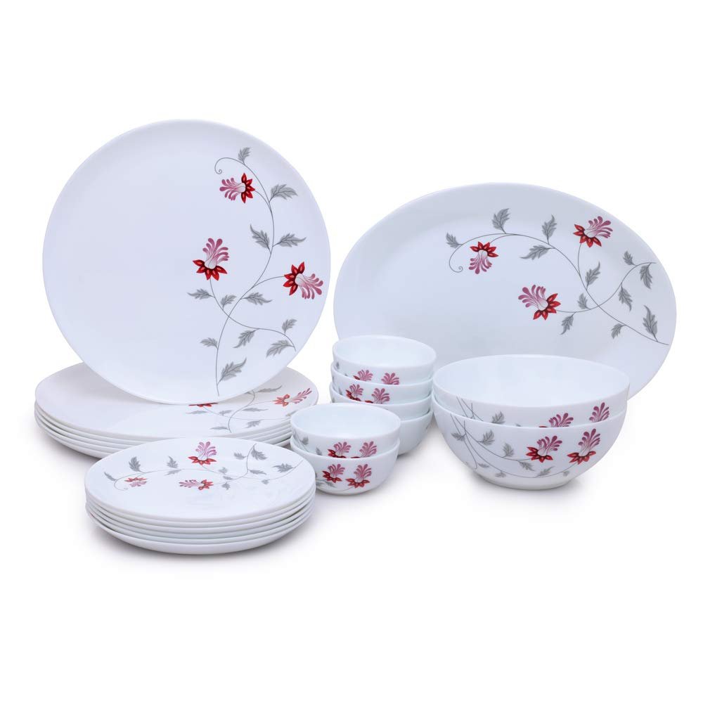 Larah by Borosil - Moon Series, Flower Pot 21 Pieces Opalware Dinner Set, White