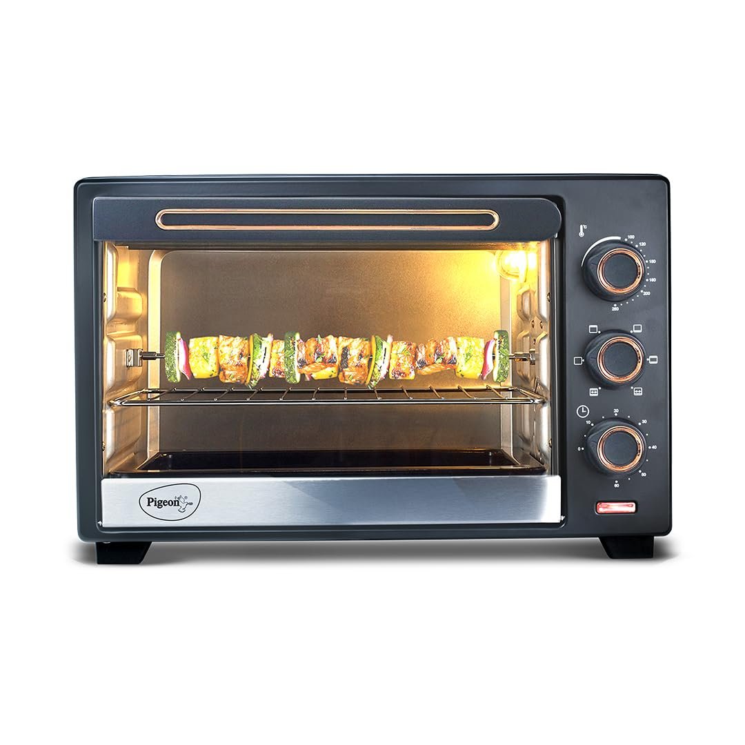 Pigeon By Stovekraft 25 Litres Oven Toster And Grill (OTG) With Rotisserie For Grillling And Baking Cakes, 1400 Watts, Black