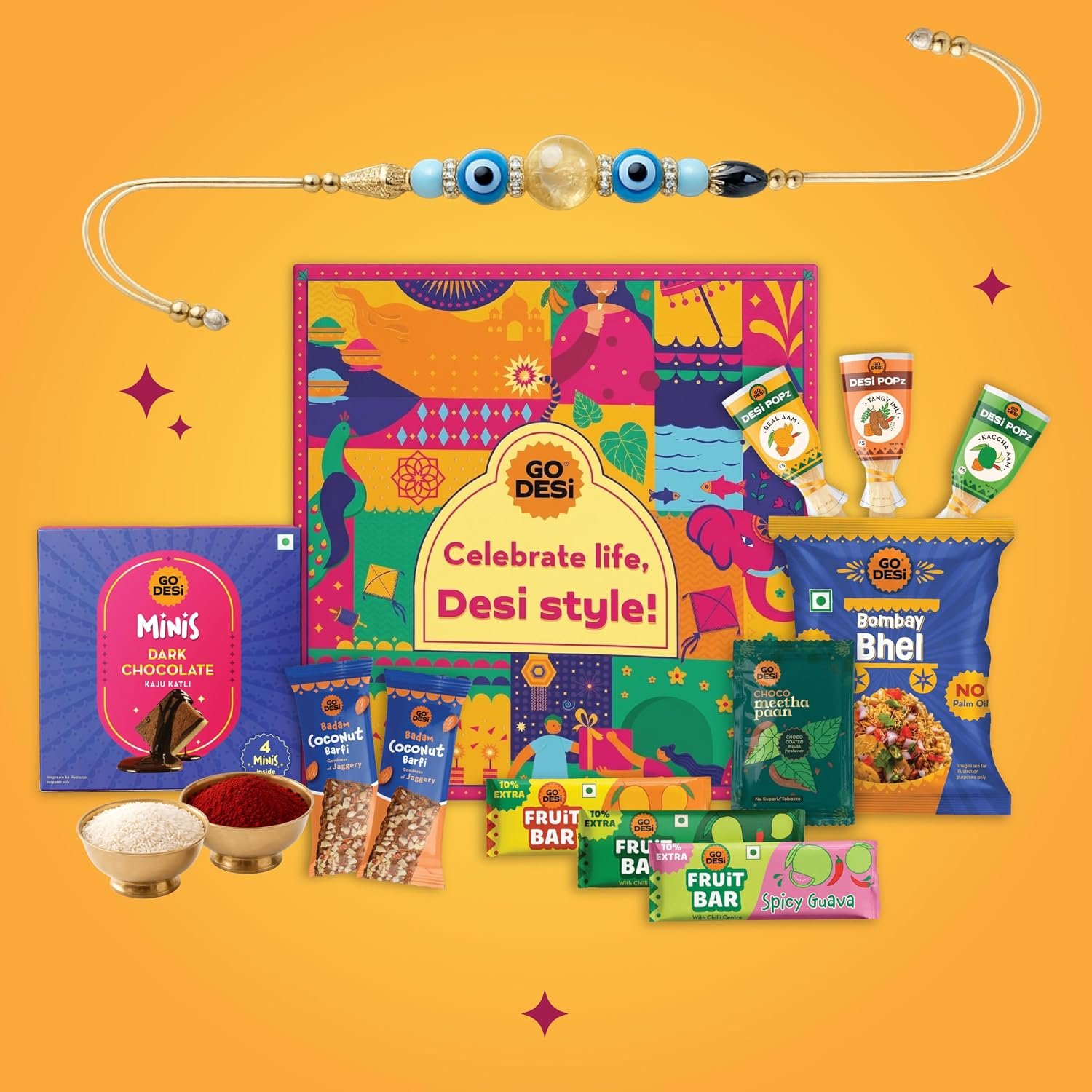 GO DESi Rakhi Set For Brother - 18 Items | Fun Gift Box | Evil Eye Stone Rakhi by Japam | Dark Choco Kaju Katli | Roli Chawal Set | Desi Popz | Coconut Barfi | Fruti Twist | Rakhi For Brother| Gifts f