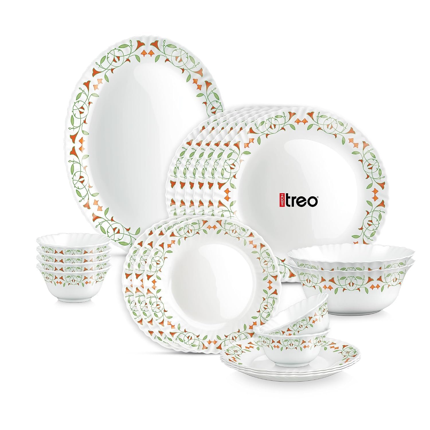Treo by Milton Opalware Aurelia Meena Dinner Set of 21 | Serving for 6 | Microwave & Dishwasher Safe | Bone-Ash Free | Tempered Toughness | Plates & Bowls | Crockery Set for Dining & Gifti
