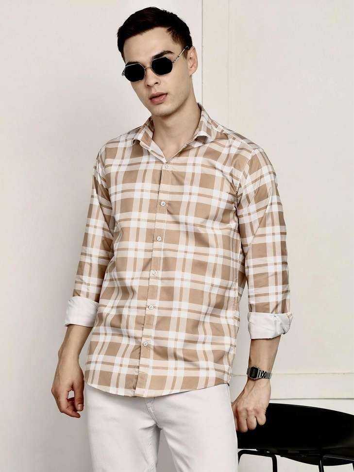 rodeiz men checkered casual beige shirt