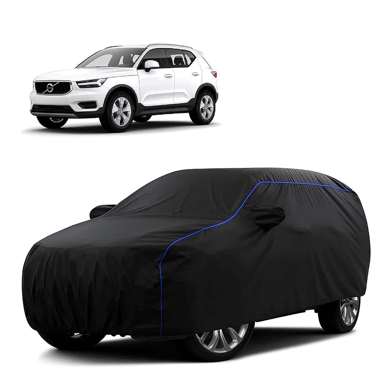 Sulfar 100% Water Resistant Car Body Cover Compatible with Mirror for Volvo X 40 (Triple Stitched, Full Bottom Elastic, Black Tafetta with Blue Piping)