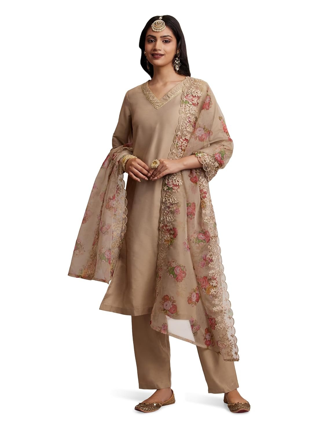 Amazon Brand - Myx Women's Kurta Pant Set with Embroidered Organza Dupatta (Available in Plus Sizes)