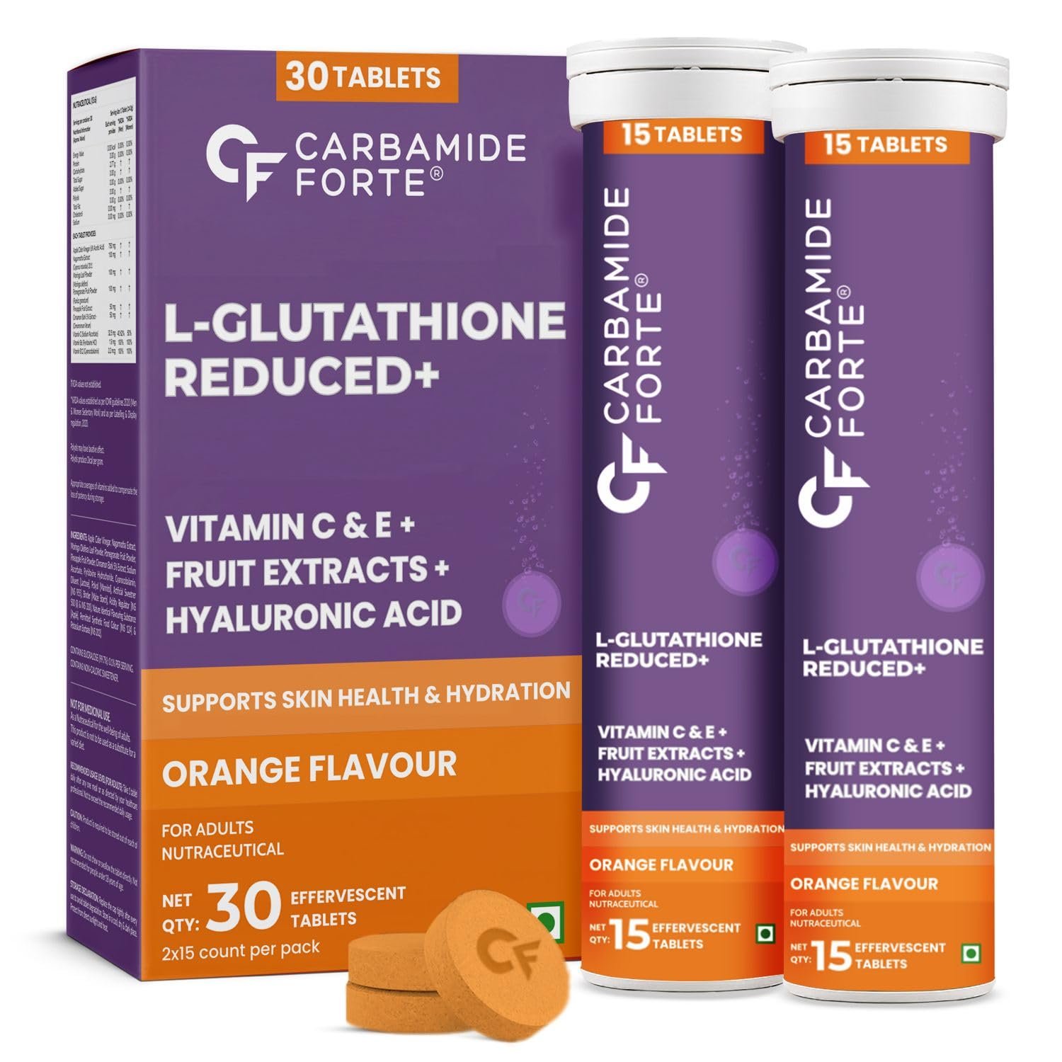 Carbamide Forte Japanese Reduced L Glutathione Supplements Effervescent Tablet 600mg | L Glutathione Tablets for Skin Whitening with Vitamin C, Hyaluronic Acid, Blue Berry Extract, Goji Berry Extract,